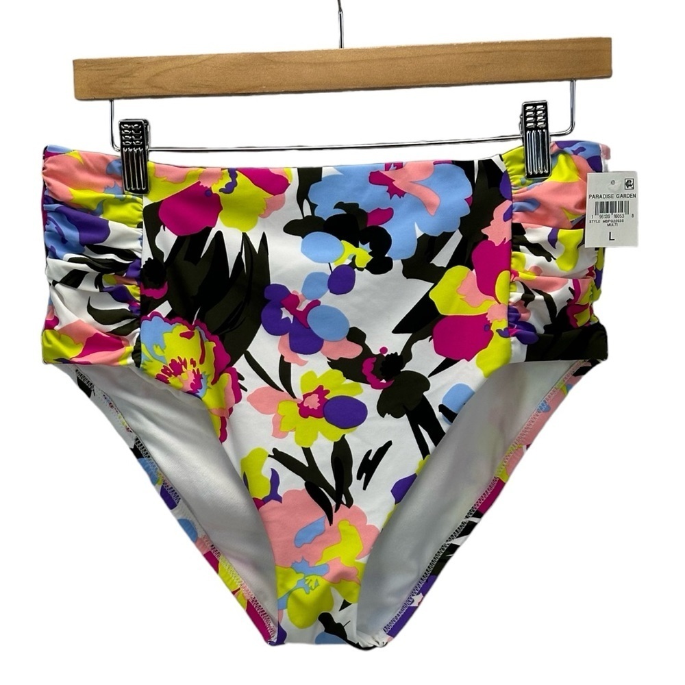 Bar III Side Ruched Floral Print Bikini Bottom - Pink Yellow Blue Black - Large